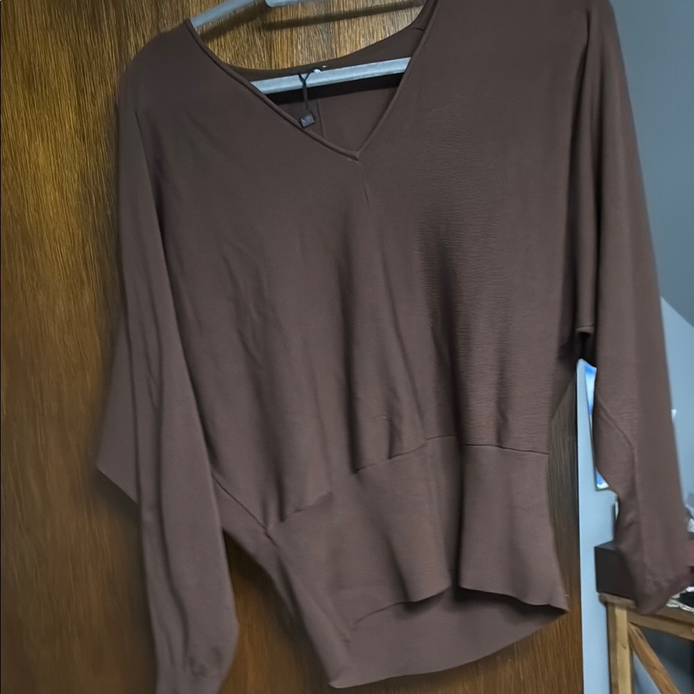 Brown V-Neck Long Sleeve Top